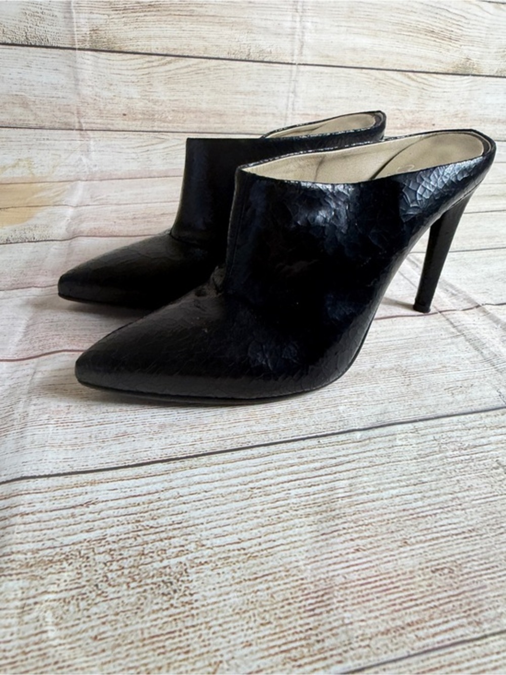 No. 6 black crinkled textured leather stiletto mule heels. Size 37. 6.5